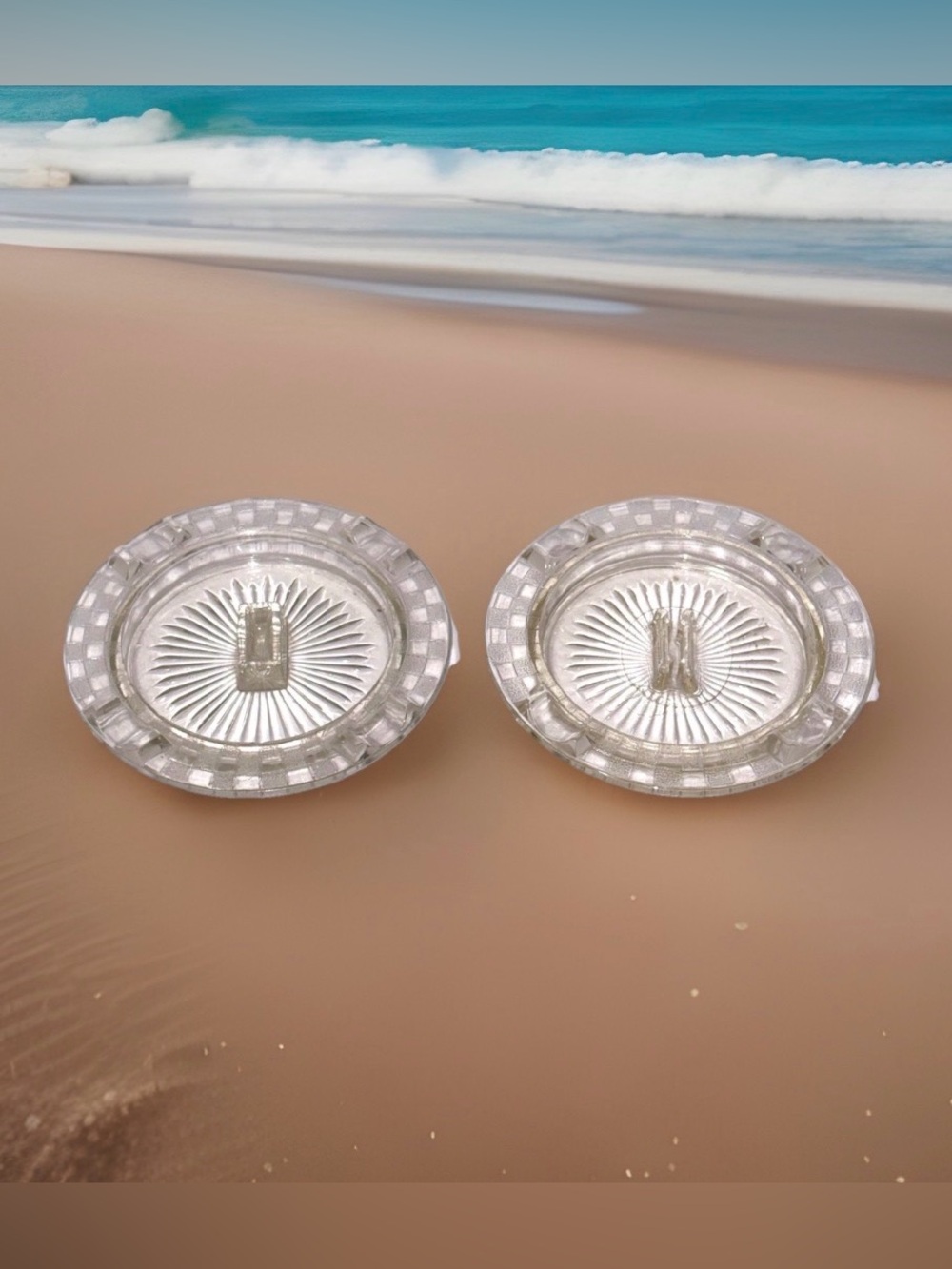 2 Hazel Atlas Clear Glass Ashtrays Round Checkerboard Starburst Pattern 5.75"